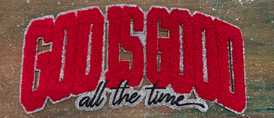 God is Good Bright Red and Silver- Chenille/Sequins Iron On Patch