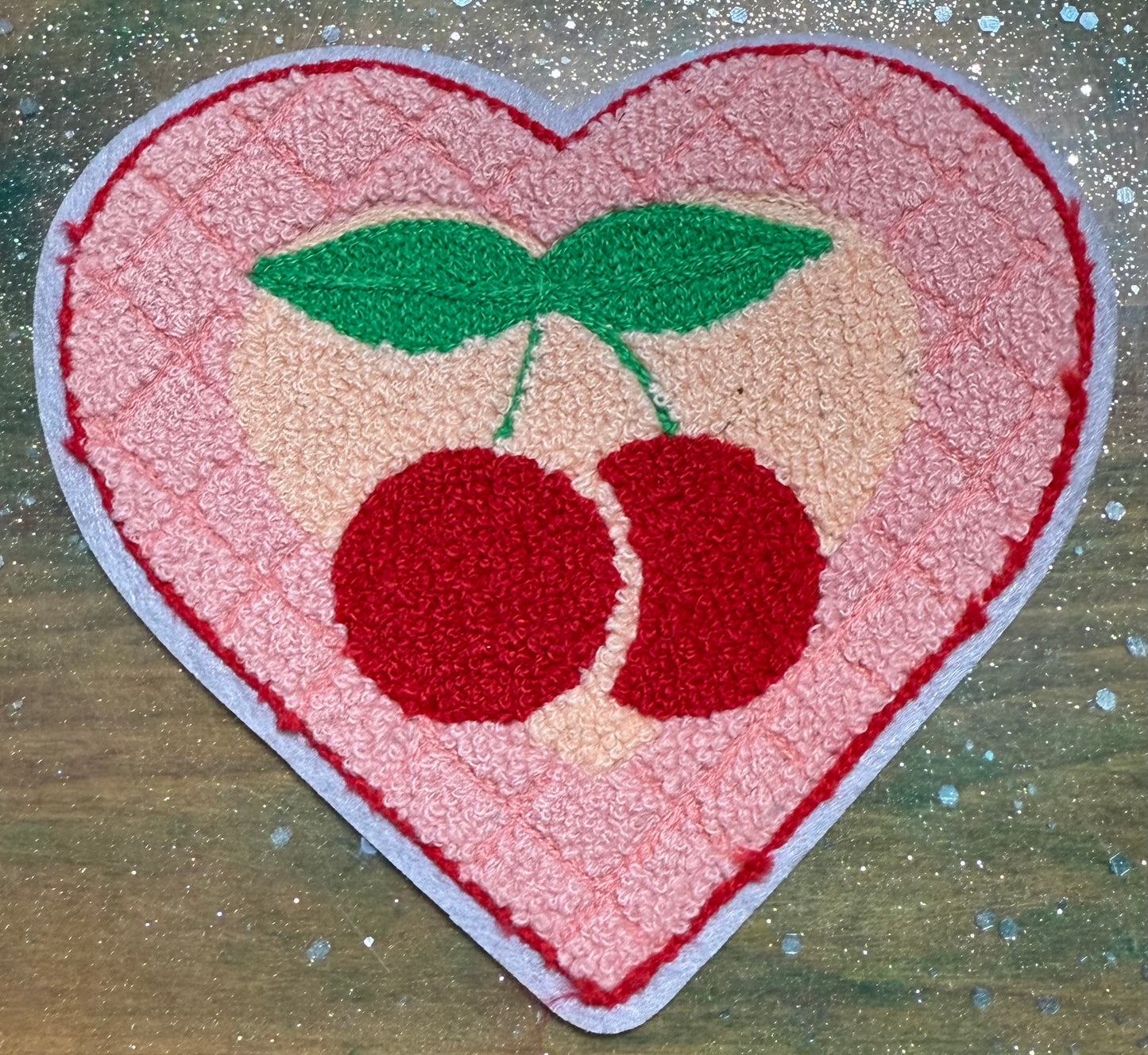 Cherries In Heart- Chenille/Sequins Iron On Patch