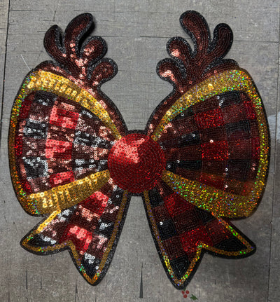 Red Plaid Deer Bow - Chenille/Sequins Iron On Patch