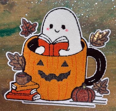 Ghost in Pumpkin Cup - Sequins Iron On Patch