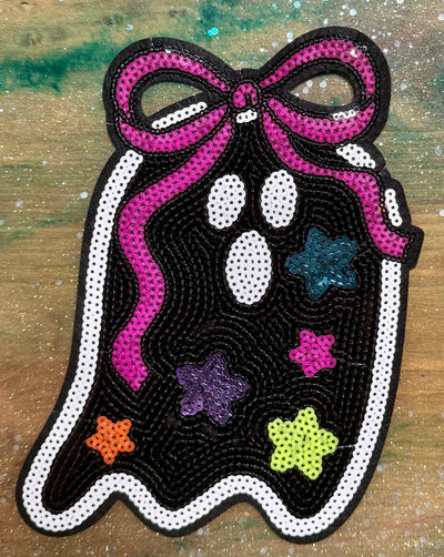 Ghost with Pink Bow - Sequins Iron On Patch