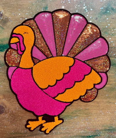 Pink and Orange Turkey - Sequins Iron On Patch