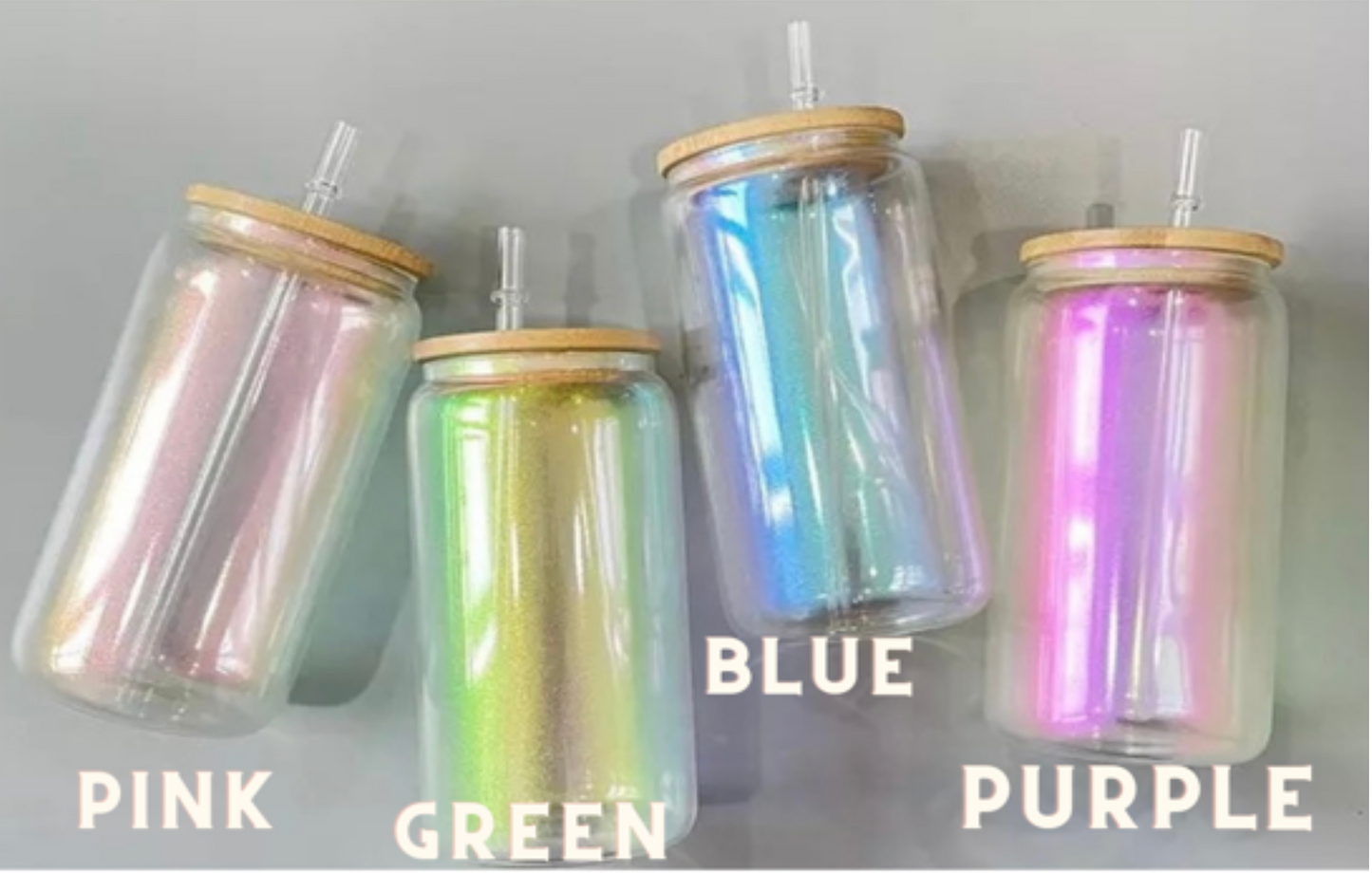 Iridescent 16oz Glass Cups - with Bamboo Lid and Straw-Sublimation